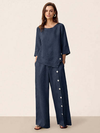 100% Linen Buttoned Slit-Hem Pants KATYA