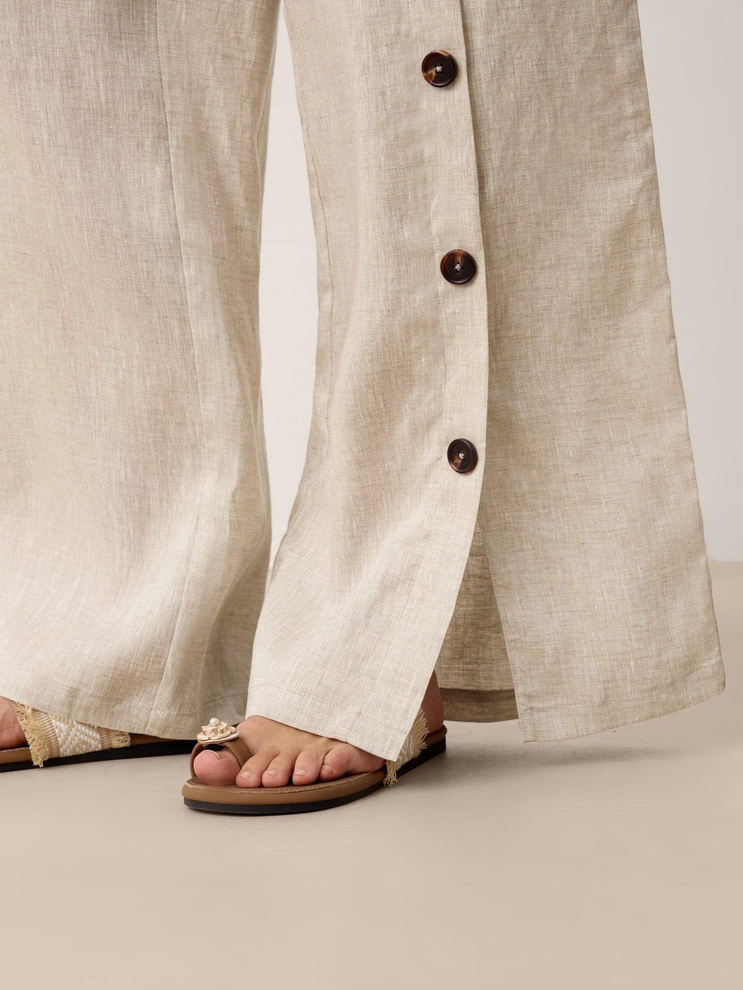 100% Linen Buttoned Slit-Hem Pants KATYA