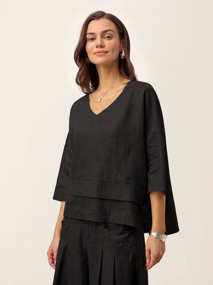 100% Linen Drop Shoulder Asymmetric Layered Hem Overtop VIOLA