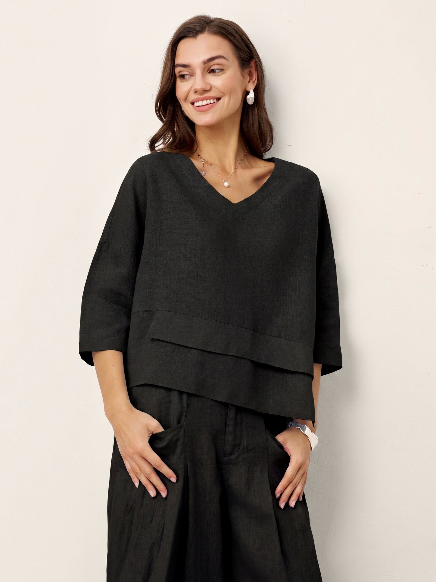 100% Linen Drop Shoulder Asymmetric Layered Hem Overtop VIOLA