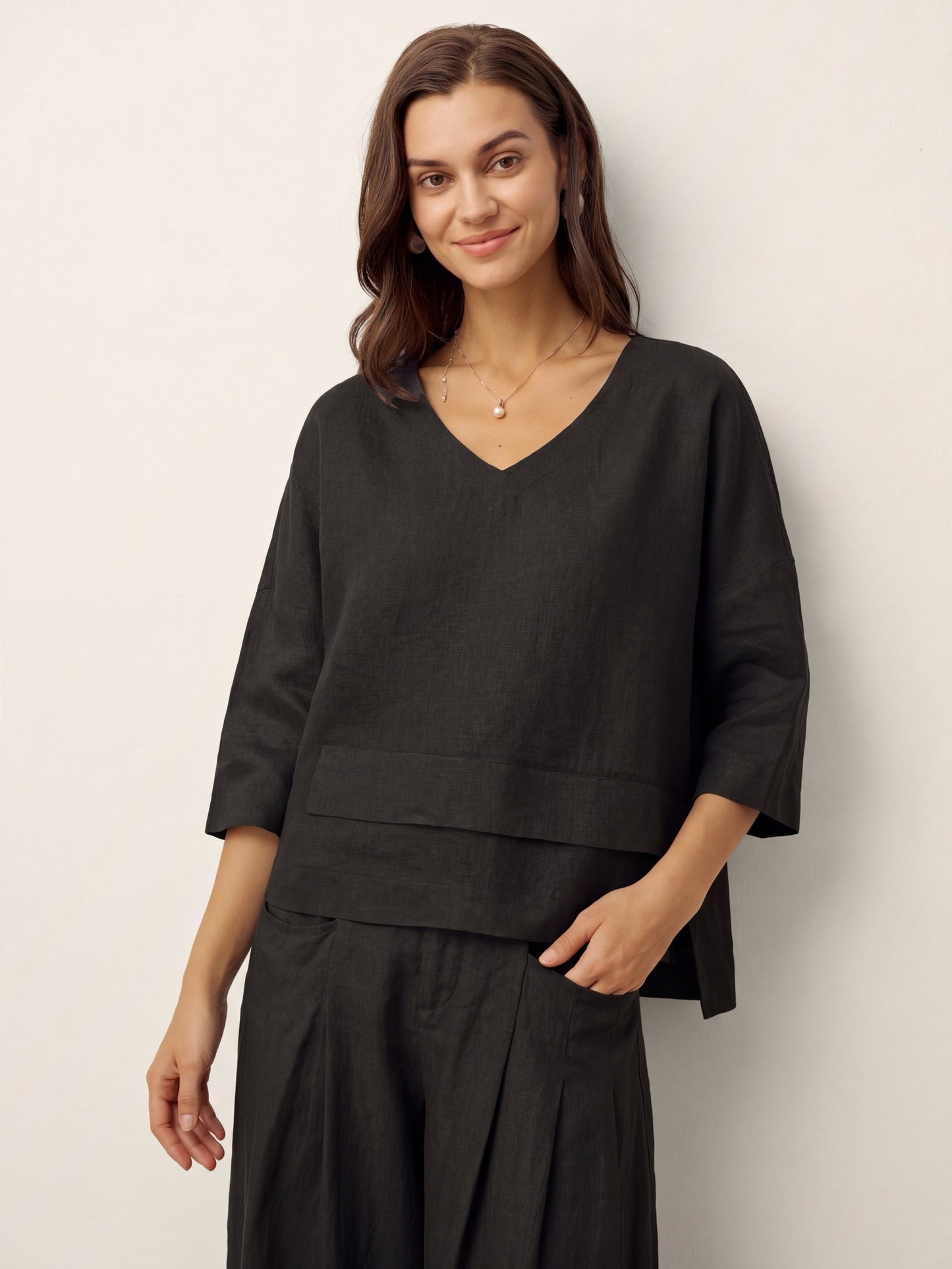100% Linen Drop Shoulder Asymmetric Layered Hem Overtop VIOLA