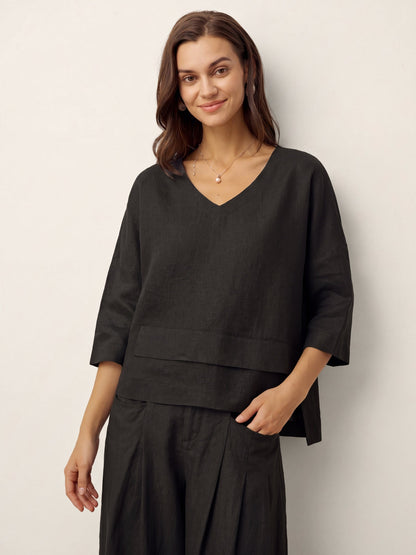 100% Linen Drop Shoulder Asymmetric Layered Hem Overtop VIOLA