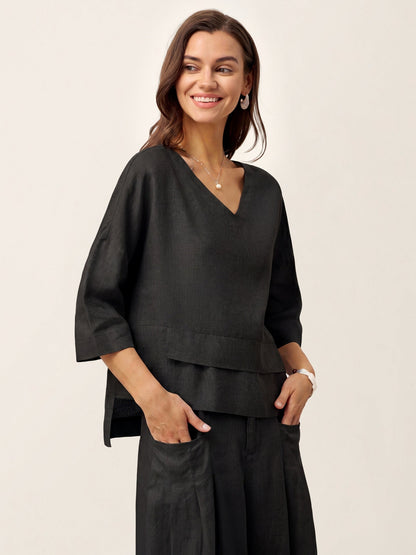 100% Linen Drop Shoulder Asymmetric Layered Hem Overtop VIOLA