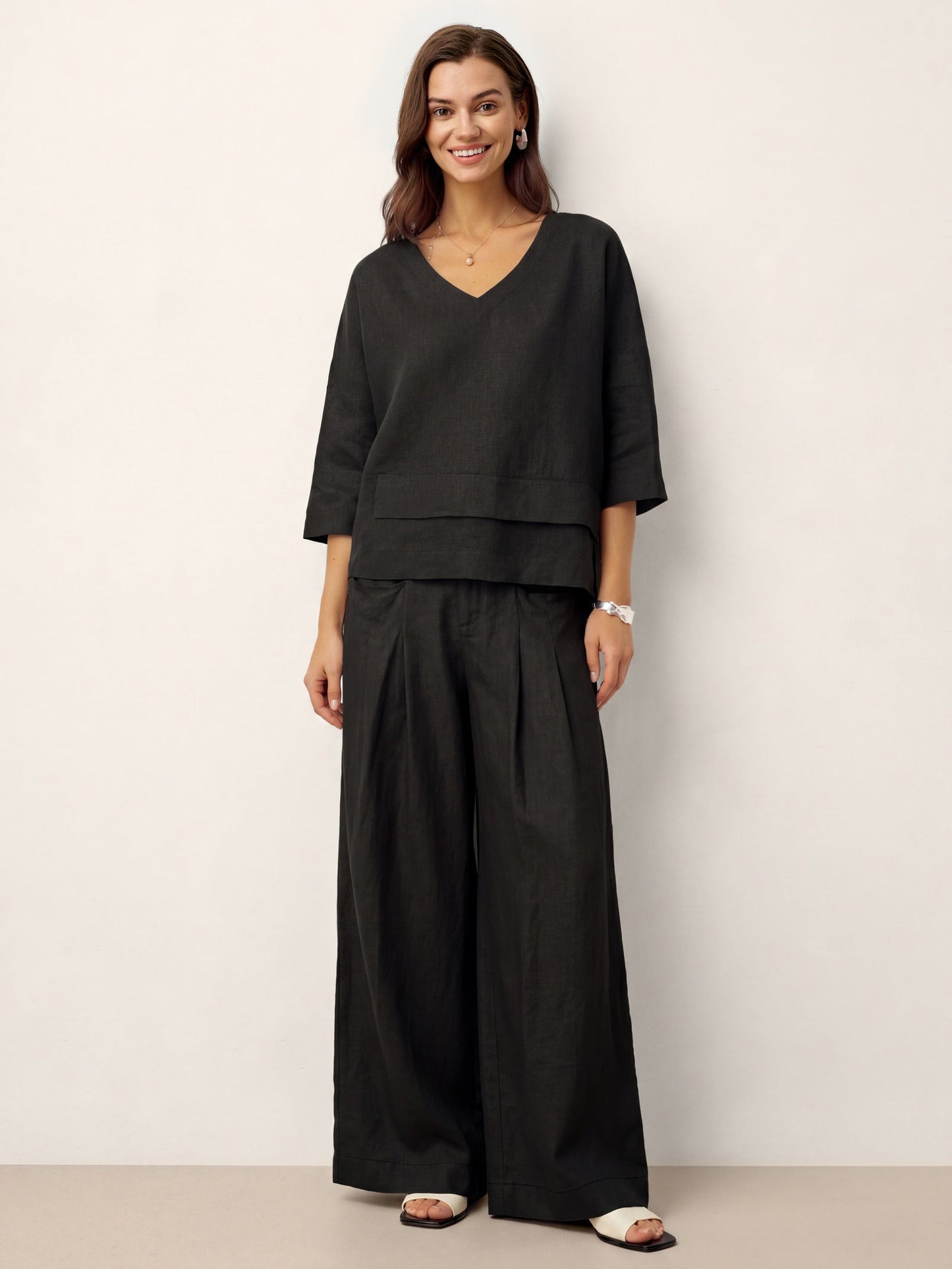100% Linen Drop Shoulder Asymmetric Layered Hem Overtop VIOLA