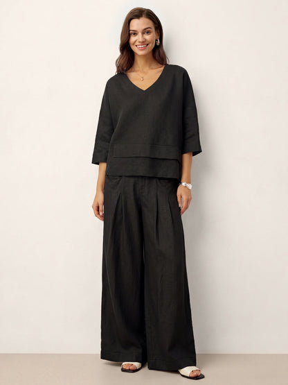 100% Linen Drop Shoulder Asymmetric Layered Hem Overtop VIOLA