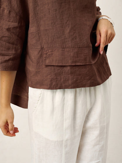 100% Linen Drop Shoulder Asymmetric Layered Hem Overtop VIOLA