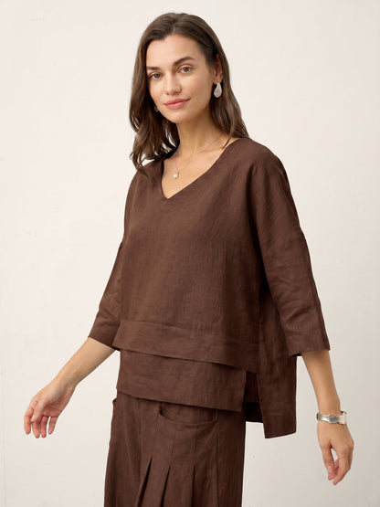 100% Linen Drop Shoulder Asymmetric Layered Hem Overtop VIOLA