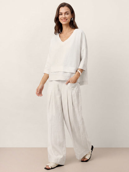 100% Linen Sculpted Pleat Elasticated Back Relaxed Pants VERIDIANA