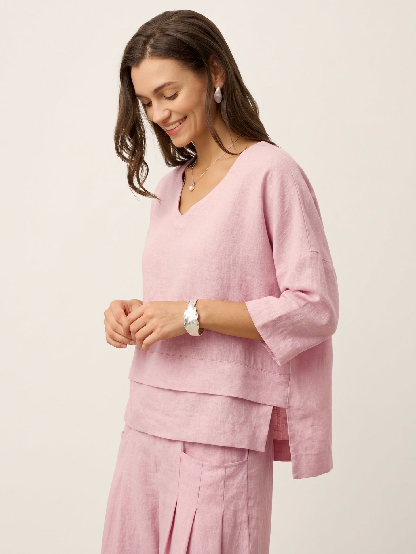100% Linen Drop Shoulder Asymmetric Layered Hem Overtop VIOLA