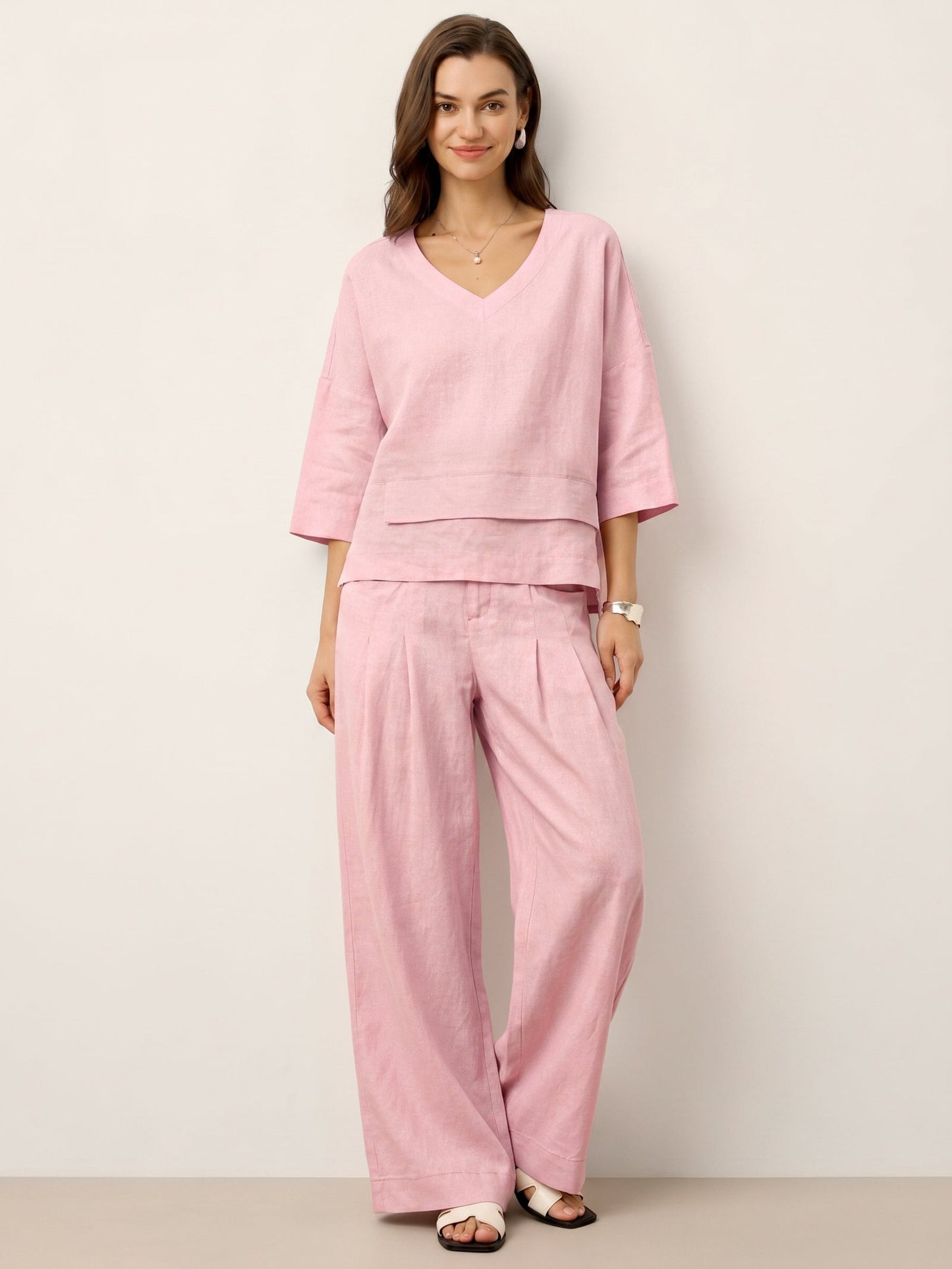 100% Linen Drop Shoulder Asymmetric Layered Hem Overtop VIOLA