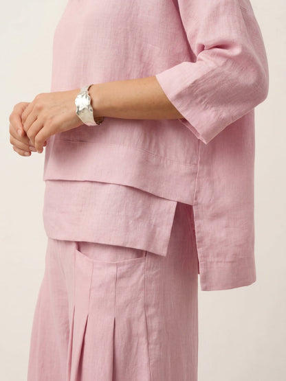 100% Linen Drop Shoulder Asymmetric Layered Hem Overtop VIOLA