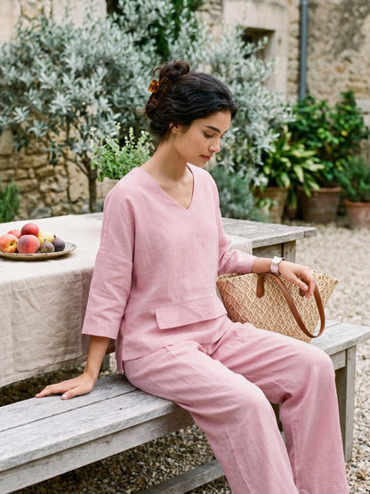 100% Linen Drop Shoulder Asymmetric Layered Hem Overtop VIOLA