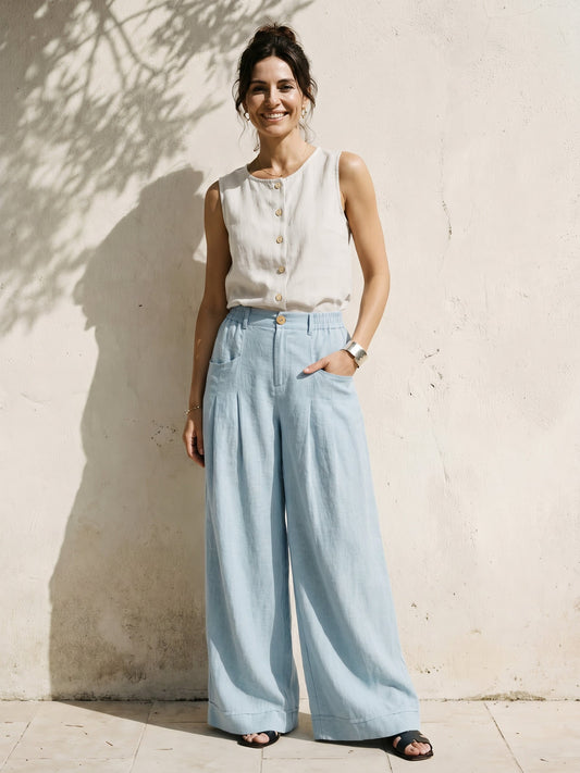 VERIDIANA | Pantalón de lino de talle alto 100% Lino