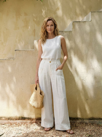 100% Linen Sculpted Pleat Elasticated Back Relaxed Pants VERIDIANA