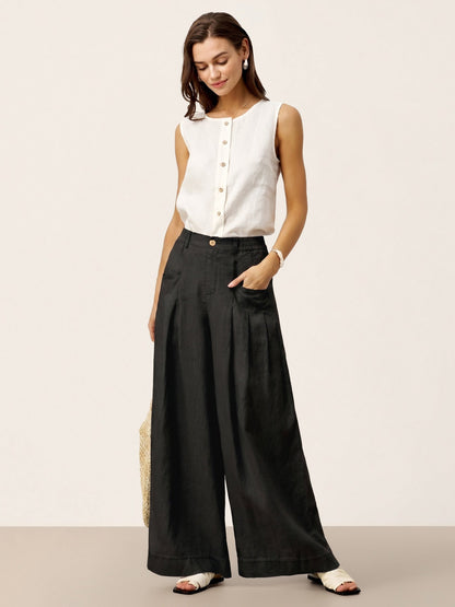 100% Linen Sculpted Pleat Elasticated Back Relaxed Pants VERIDIANA