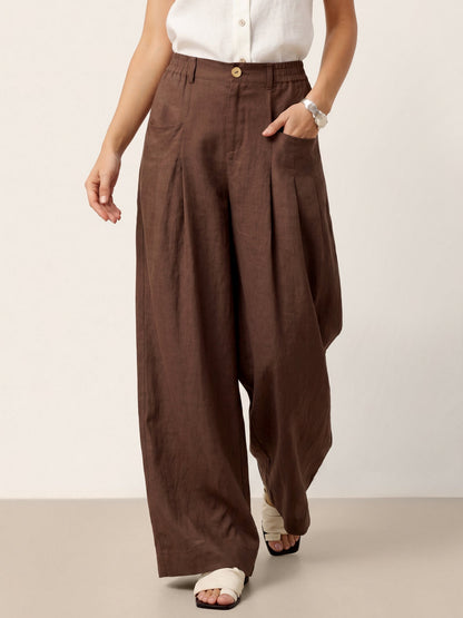 100% Linen Sculpted Pleat Elasticated Back Relaxed Pants VERIDIANA