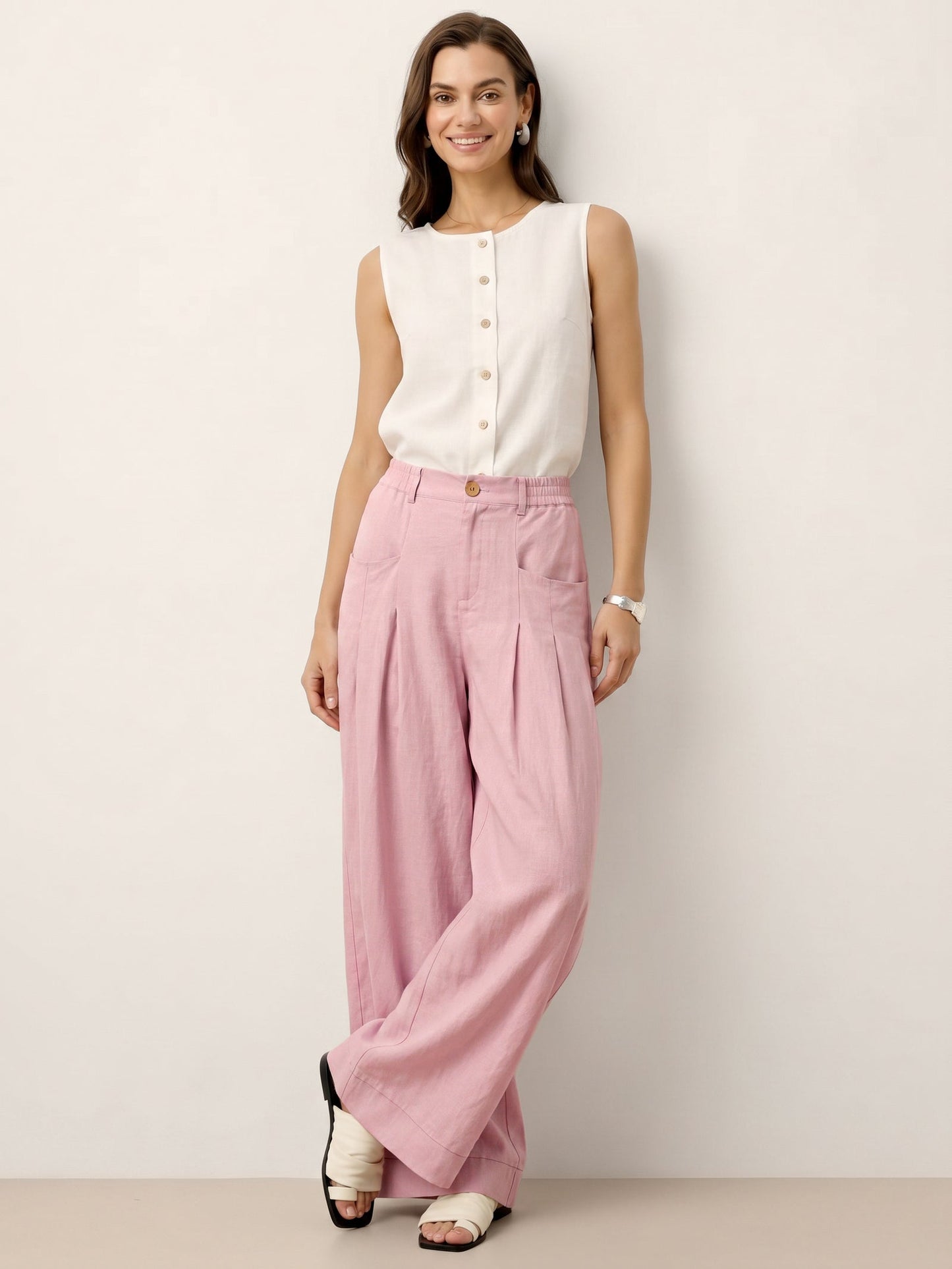 100% Linen Sculpted Pleat Elasticated Back Relaxed Pants VERIDIANA