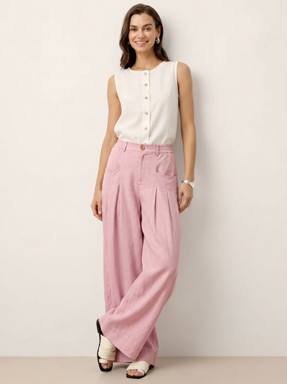 100% Linen Sculpted Pleat Elasticated Back Relaxed Pants VERIDIANA