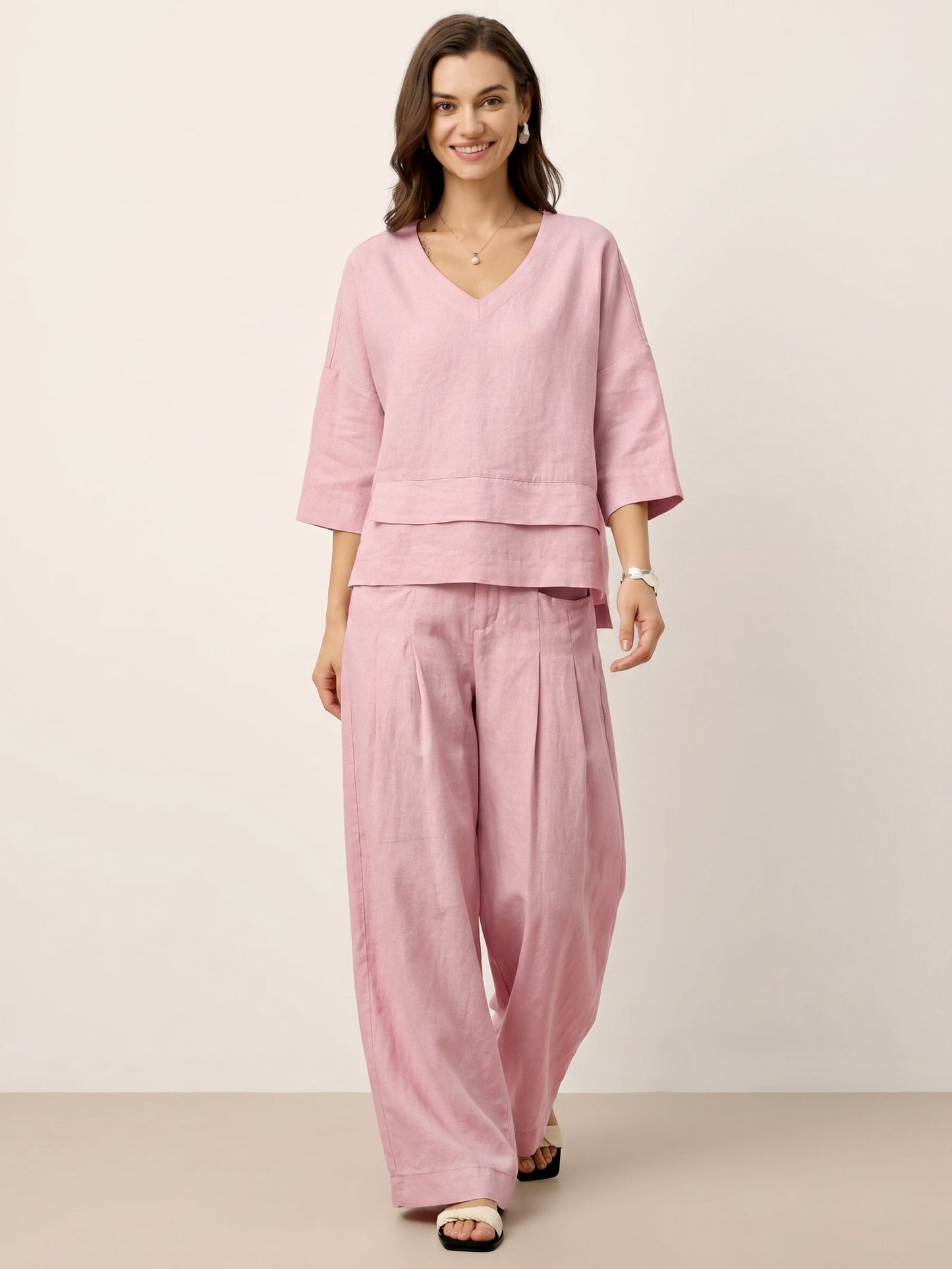 100% Linen Sculpted Pleat Elasticated Back Relaxed Pants VERIDIANA