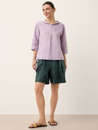 100% Linen Shawl V-Neck Half Sleeve Top JADE