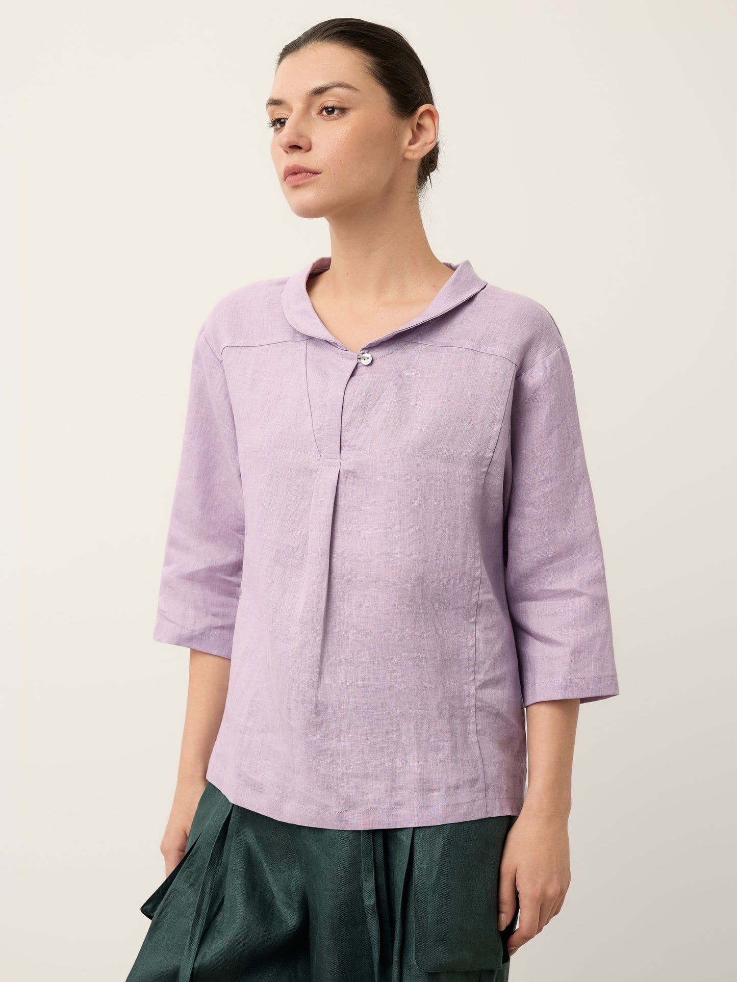 100% Linen Shawl V-Neck Half Sleeve Top JADE