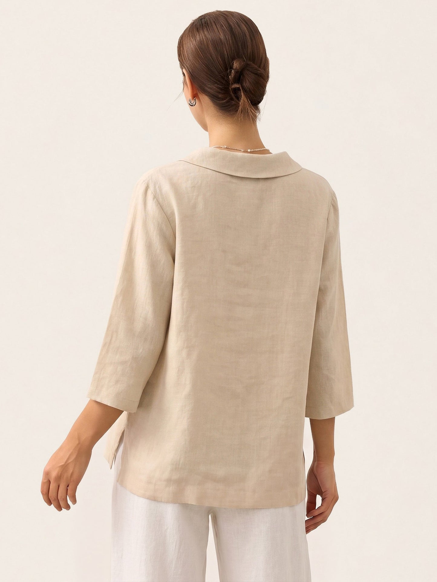 100% Linen Shawl V-Neck Half Sleeve Top JADE