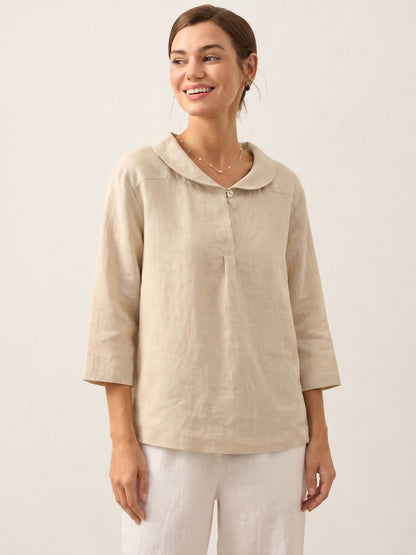 100% Linen Shawl V-Neck Half Sleeve Top JADE
