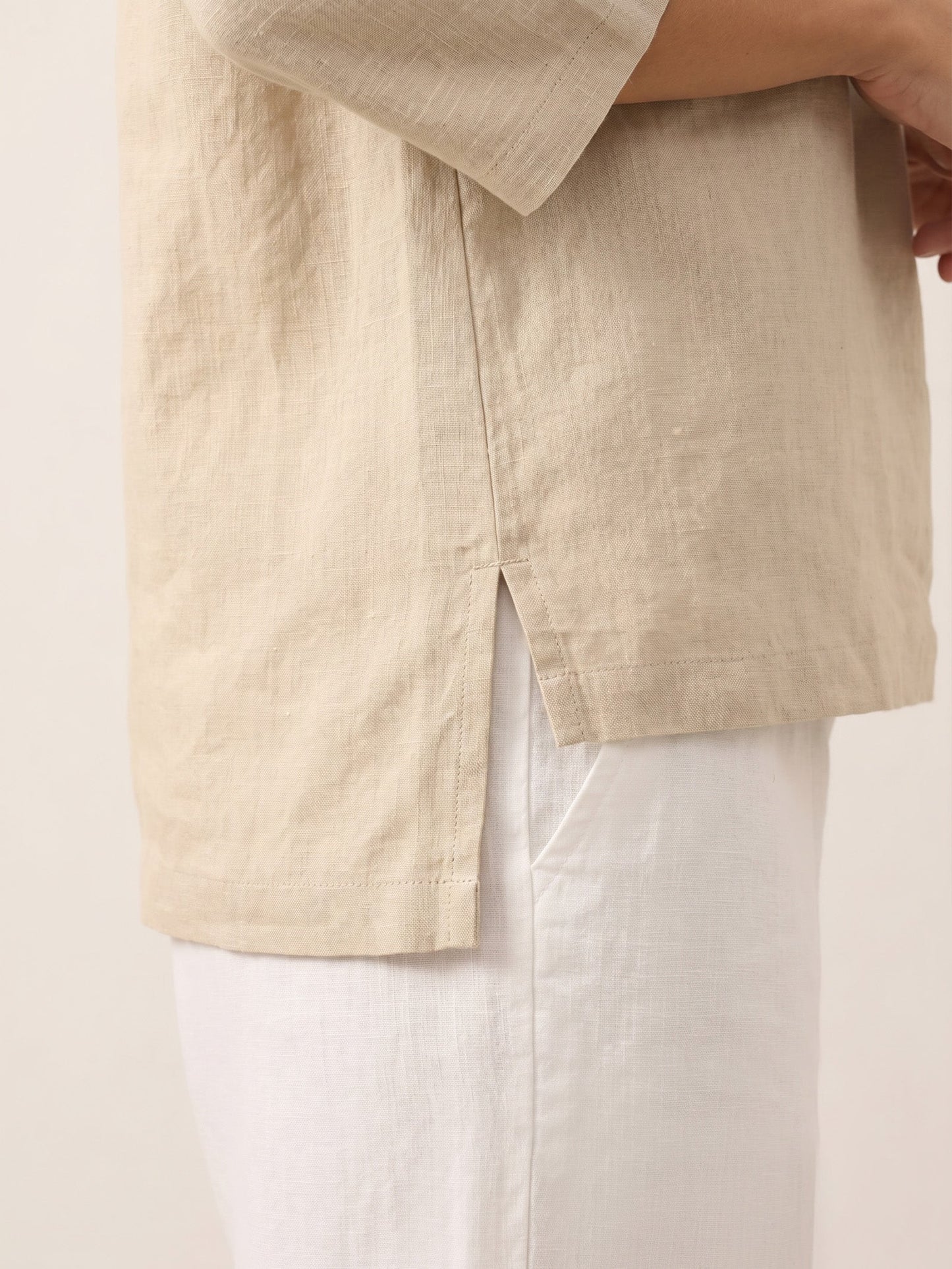 100% Linen Shawl V-Neck Half Sleeve Top JADE