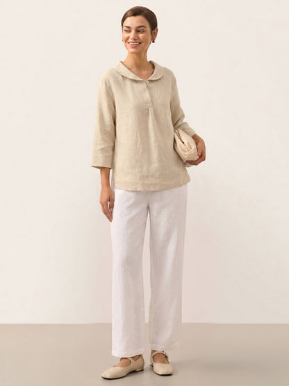 100% Linen Shawl V-Neck Half Sleeve Top JADE