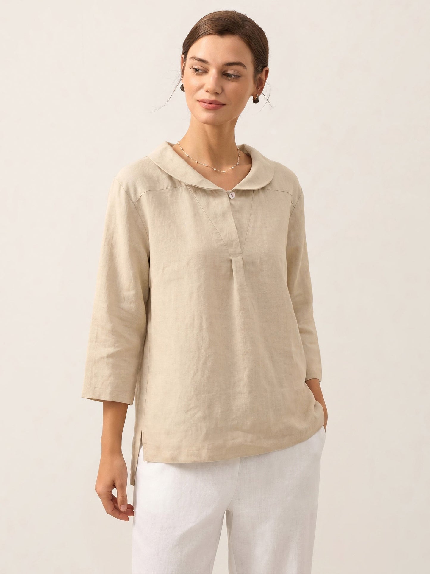 100% Linen Shawl V-Neck Half Sleeve Top JADE