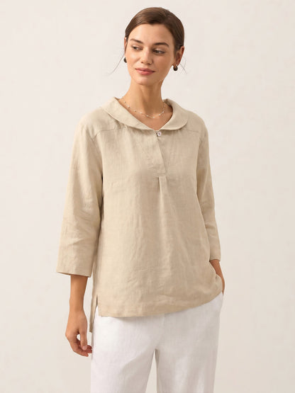 100% Linen Shawl V-Neck Half Sleeve Top JADE