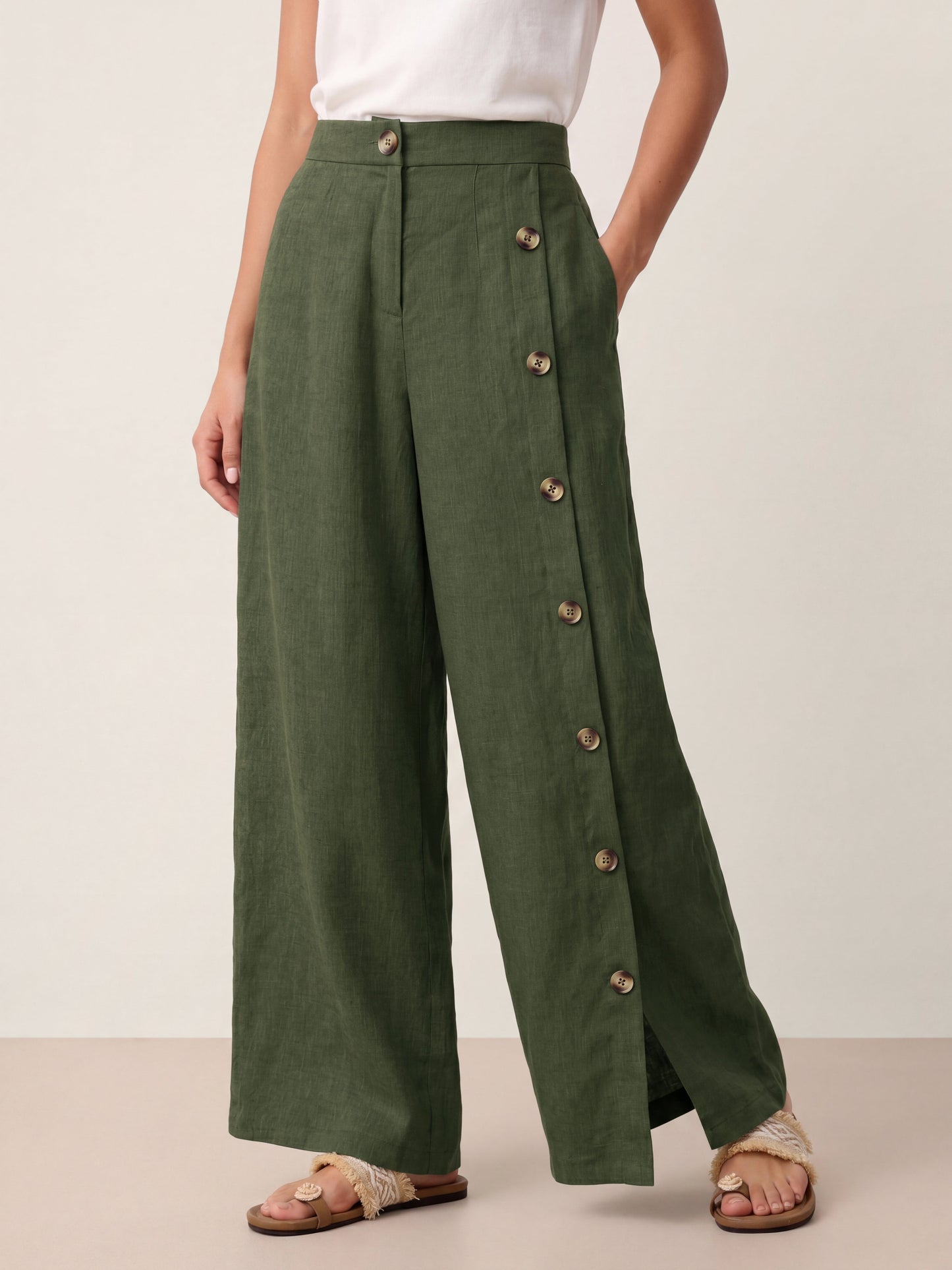 100% Linen Buttoned Slit-Hem Pants KATYA