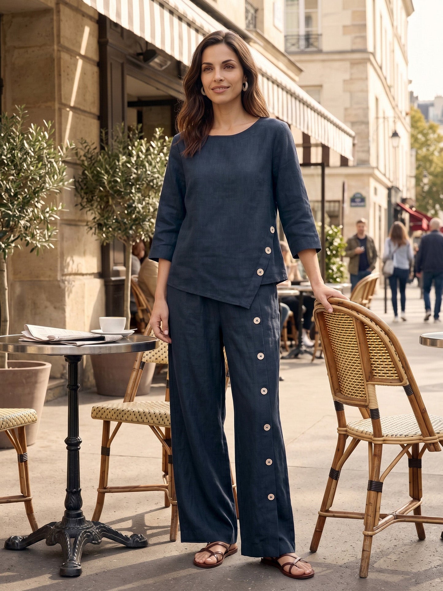 100% Linen Asymmetric-Hem Button-Trim Top NYLA