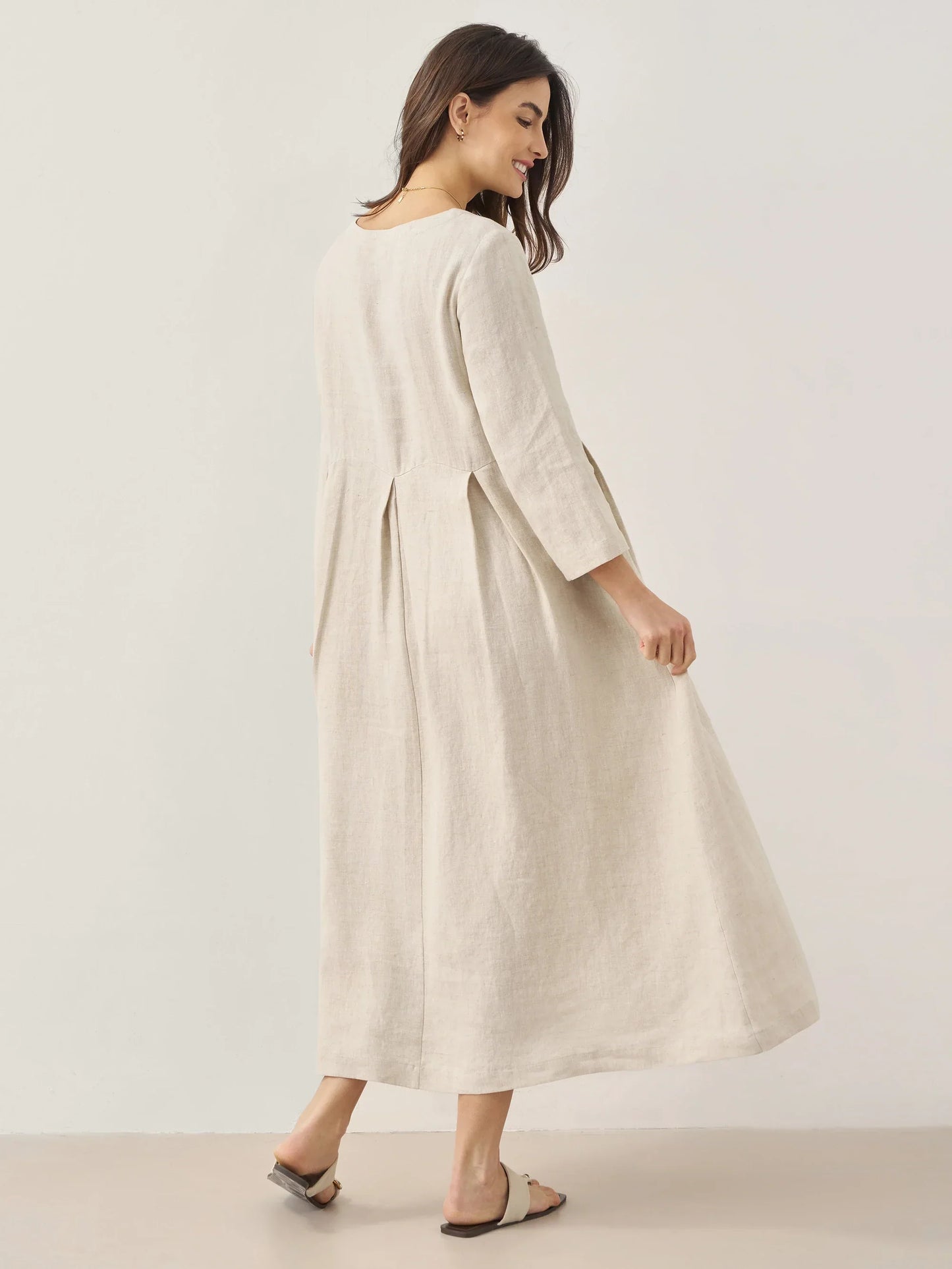 100% Linen Bateau Neck Pleated Midi Dress ABIGAIL