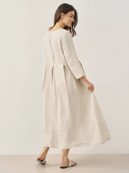 100% Linen Bateau Neck Pleated Midi Dress ABIGAIL