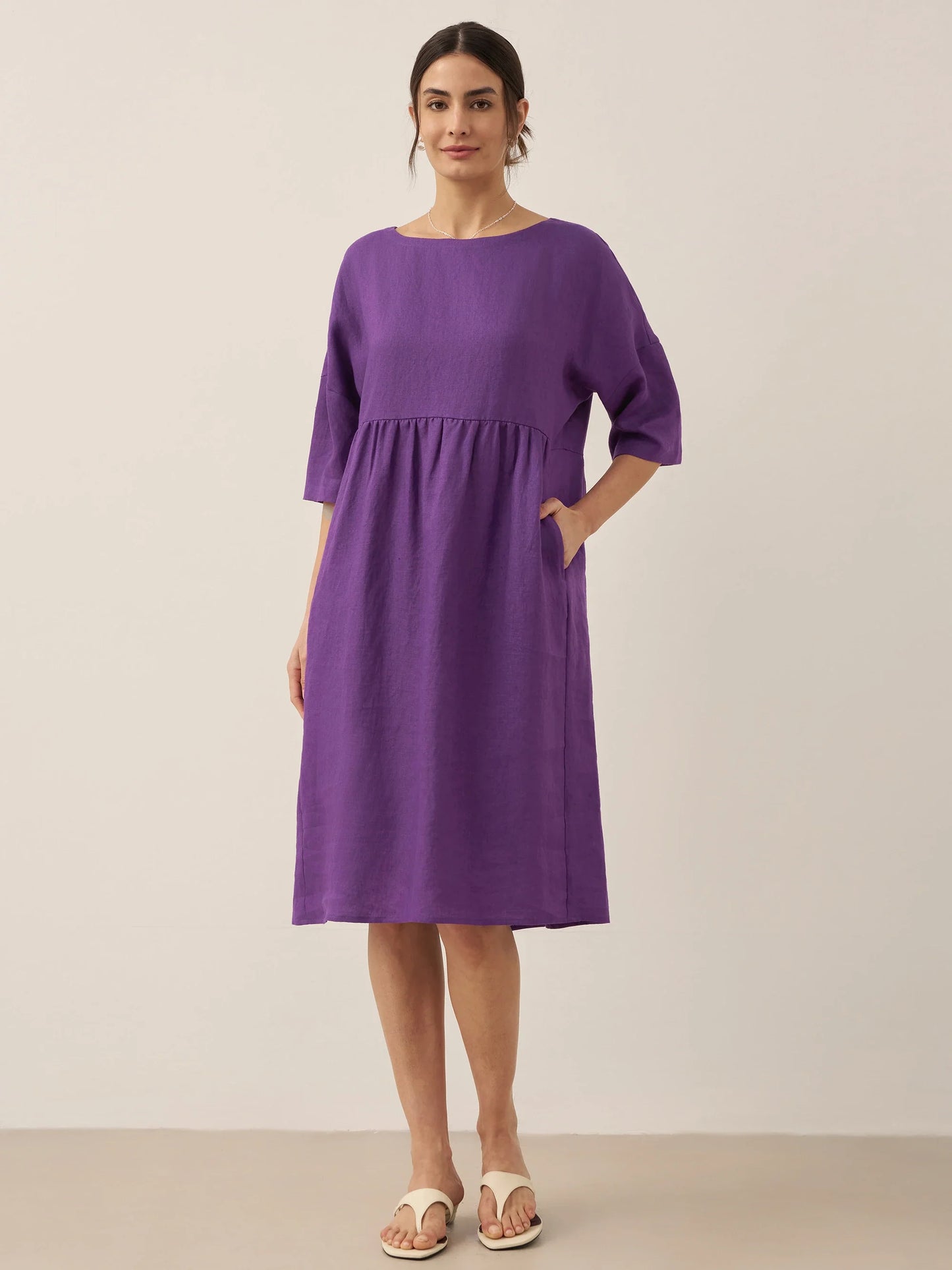 100% Linen A-Line Midi Dress VALENCIA