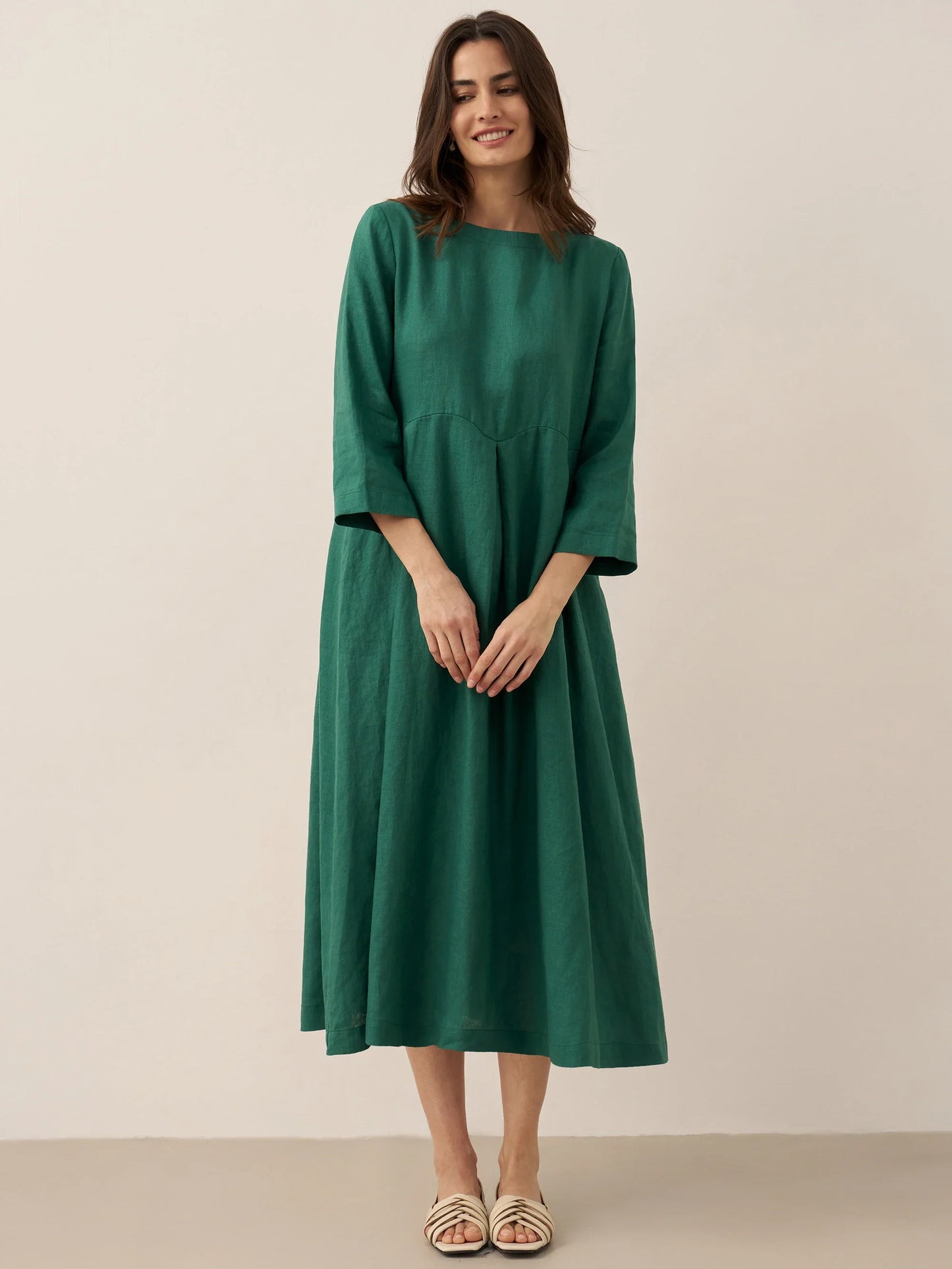 100% Linen Bateau Neck Pleated Midi Dress ABIGAIL