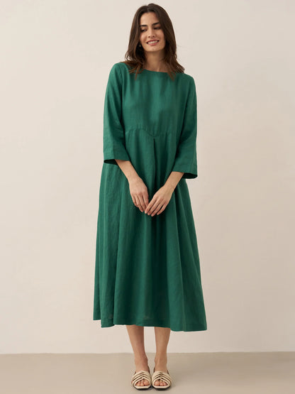 100% Linen Bateau Neck Pleated Midi Dress ABIGAIL