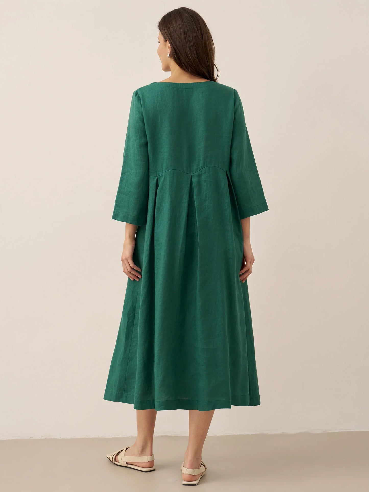 100% Linen Bateau Neck Pleated Midi Dress ABIGAIL