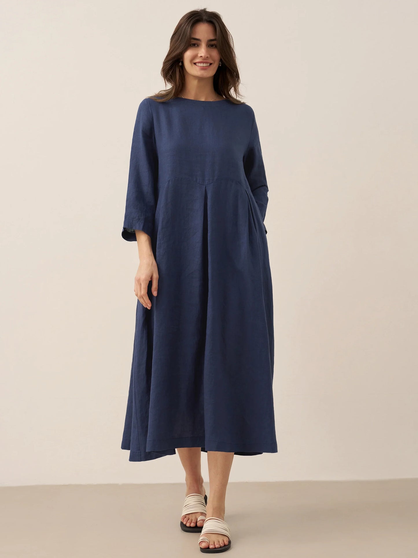 100% Linen Bateau Neck Pleated Midi Dress ABIGAIL