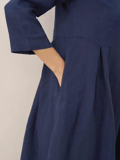 100% Linen Bateau Neck Pleated Midi Dress ABIGAIL