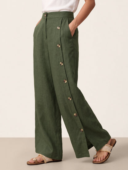 100% Linen Buttoned Slit-Hem Pants KATYA