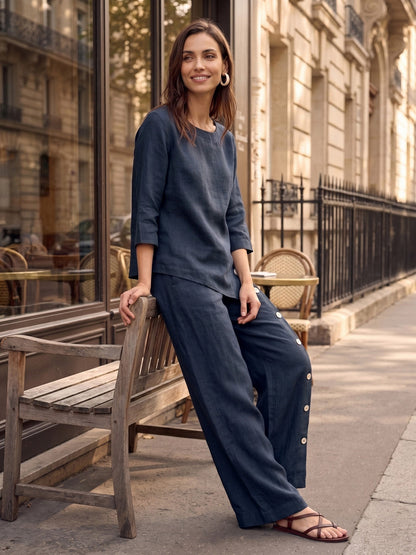 100% Linen Asymmetric-Hem Button-Trim Top NYLA
