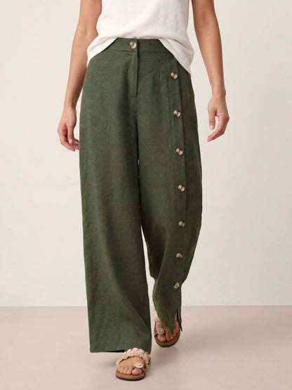 100% Linen Buttoned Slit-Hem Pants KATYA