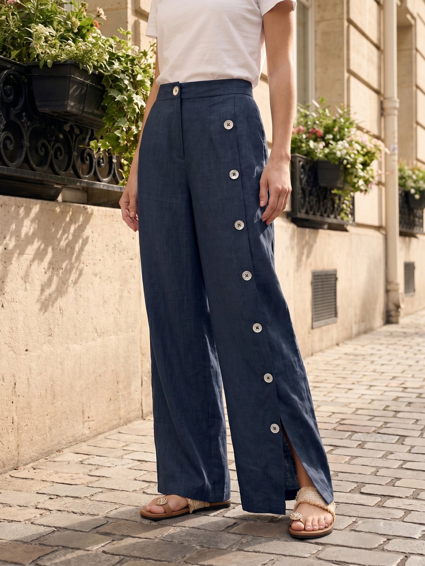 100% Linen Buttoned Slit-Hem Pants KATYA
