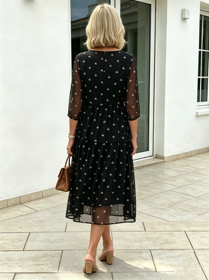 Black Elephant Print Tiered Chiffon Midi Dress, Round Neck Short Sleeve High Waist Loose Tummy Cover Mom Dress