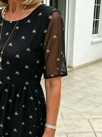 Black Elephant Print Tiered Chiffon Midi Dress, Round Neck Short Sleeve High Waist Loose Tummy Cover Mom Dress
