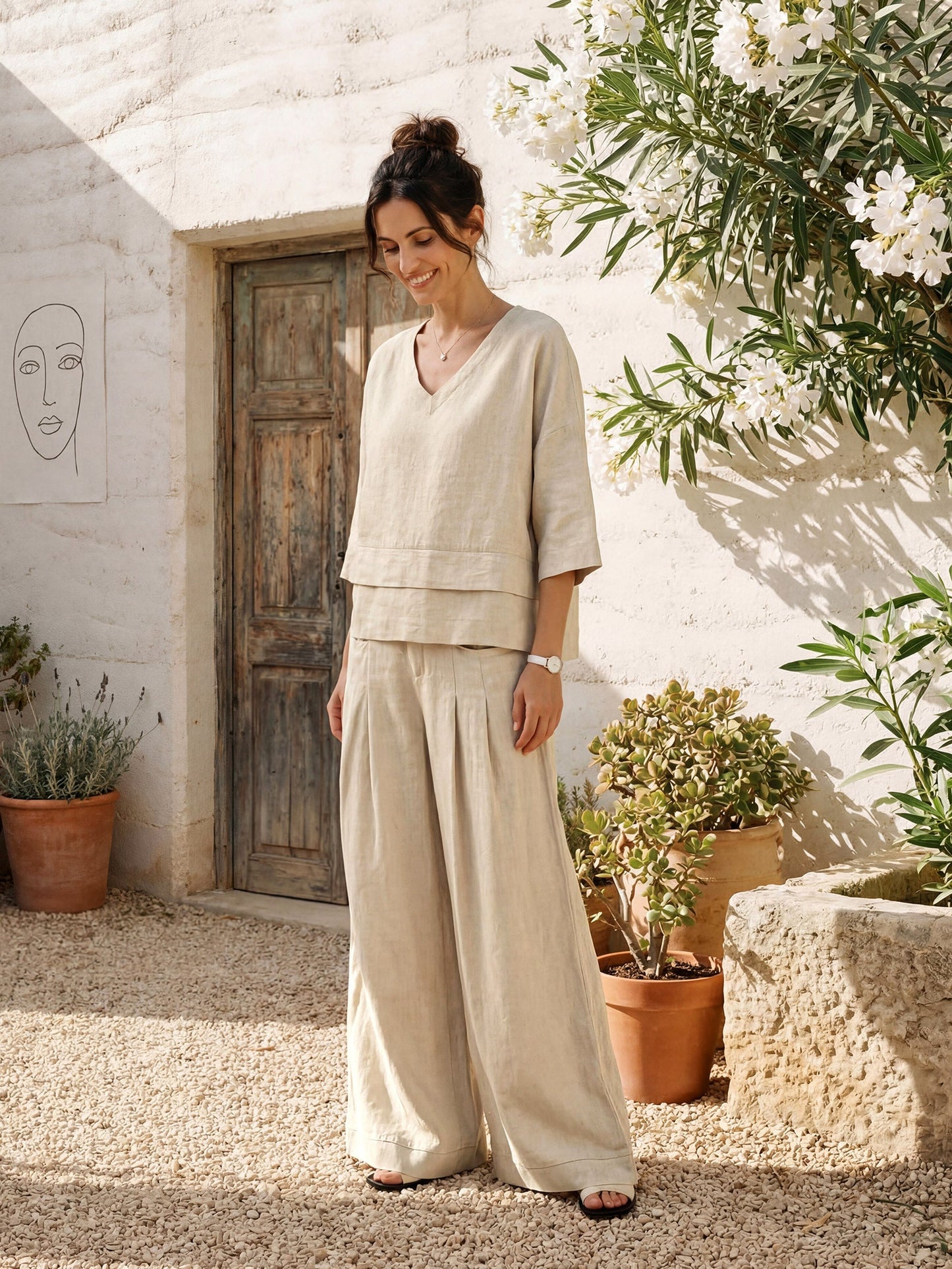 100% Linen Sculpted Pleat Elasticated Back Relaxed Pants VERIDIANA