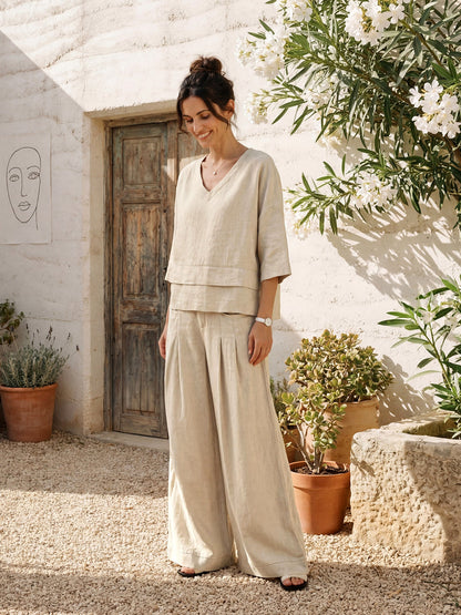 100% Linen Sculpted Pleat Elasticated Back Relaxed Pants VERIDIANA