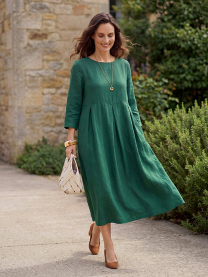100% Linen Bateau Neck Pleated Midi Dress ABIGAIL